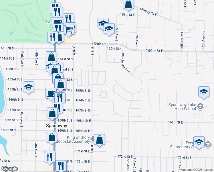 map of restaurants, bars, coffee shops, grocery stores, and more near 16408 4th Avenue Court East in Spanaway