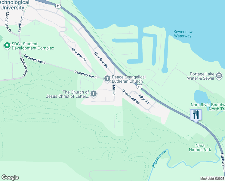 map of restaurants, bars, coffee shops, grocery stores, and more near 11-15 Mill Rd in Houghton