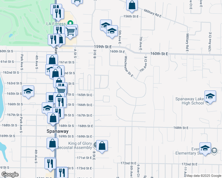 map of restaurants, bars, coffee shops, grocery stores, and more near 302 163rd Street Court East in Tacoma