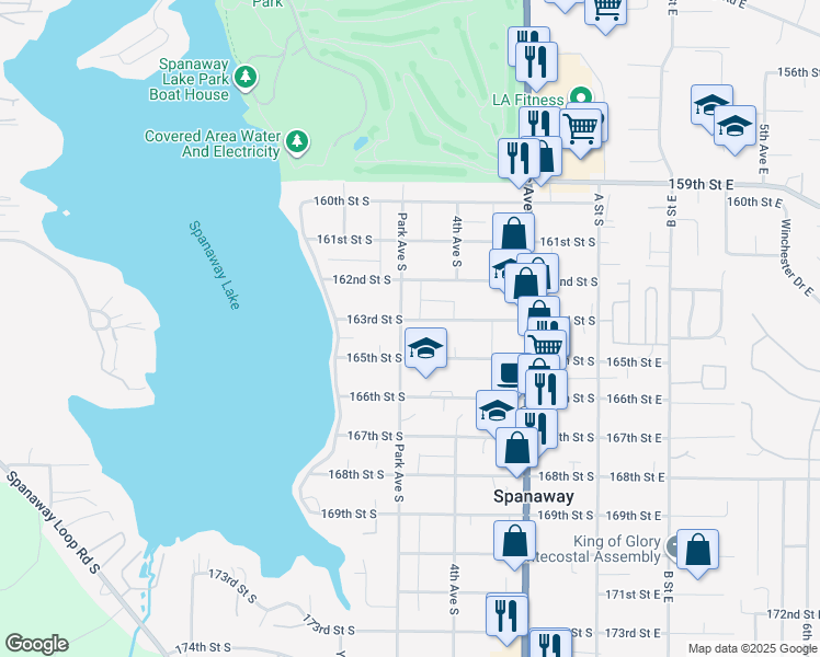 map of restaurants, bars, coffee shops, grocery stores, and more near 419 163rd Street South in Spanaway
