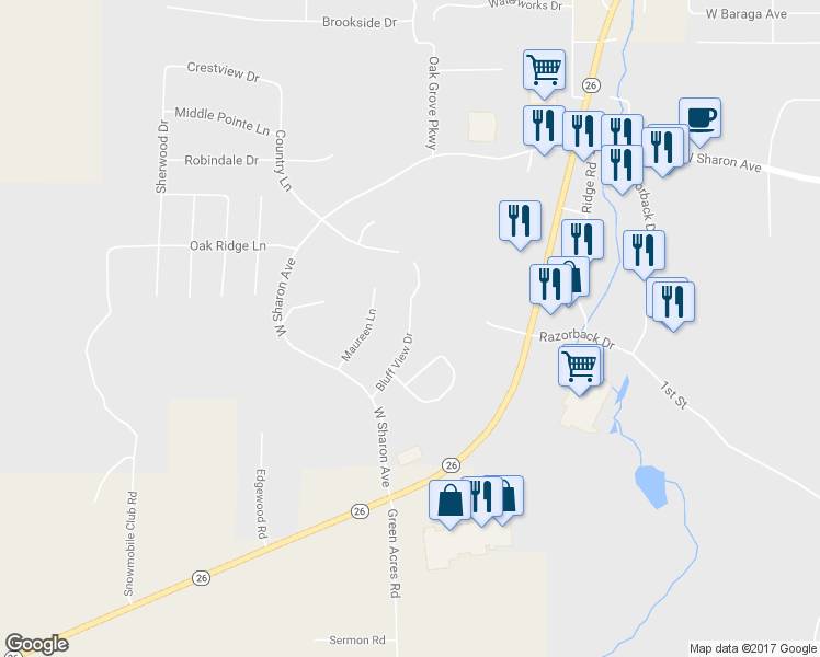 map of restaurants, bars, coffee shops, grocery stores, and more near Bluff View Drive in Houghton