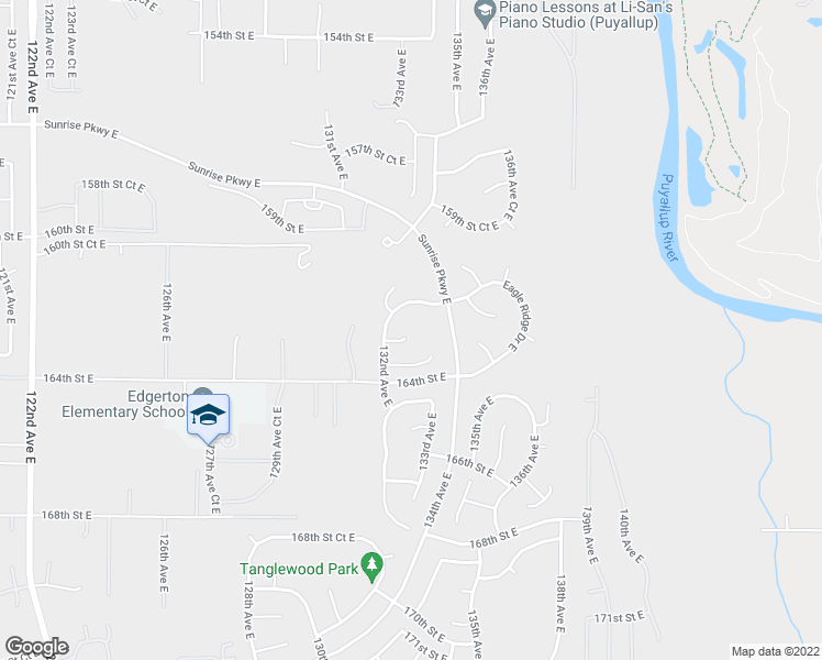 map of restaurants, bars, coffee shops, grocery stores, and more near 13215 162nd Street Court East in Puyallup