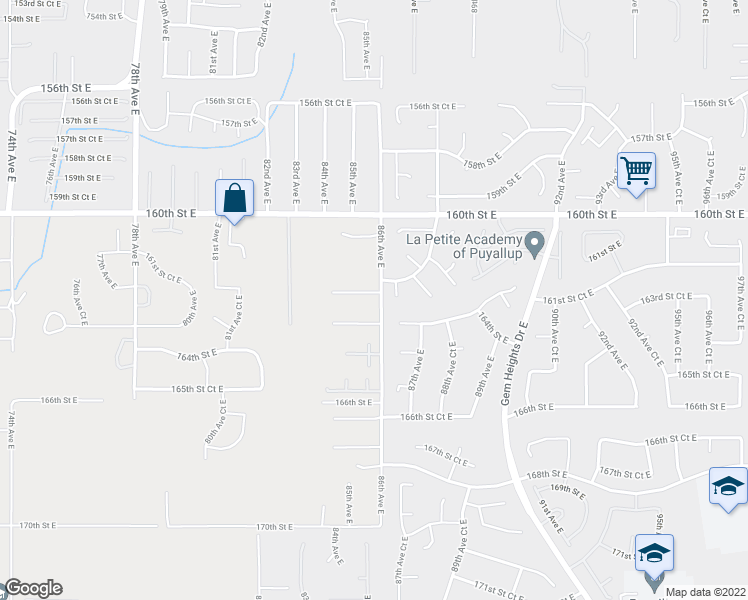 map of restaurants, bars, coffee shops, grocery stores, and more near 16204 86th Avenue Court East in Puyallup