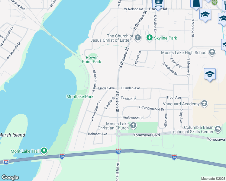 map of restaurants, bars, coffee shops, grocery stores, and more near 109 Linden Avenue in Moses Lake
