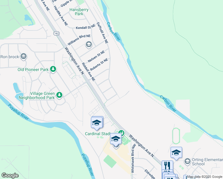 map of restaurants, bars, coffee shops, grocery stores, and more near 204 Voss Street Northeast in Orting