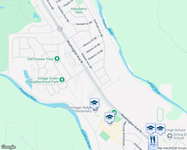 map of restaurants, bars, coffee shops, grocery stores, and more near 921 Riddell Avenue Northeast in Orting