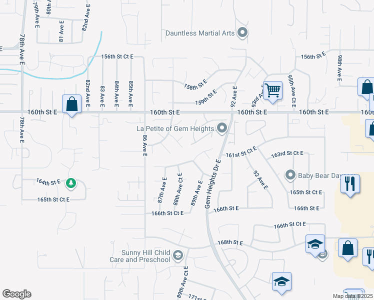 map of restaurants, bars, coffee shops, grocery stores, and more near 16321 88th Ave E in Puyallup