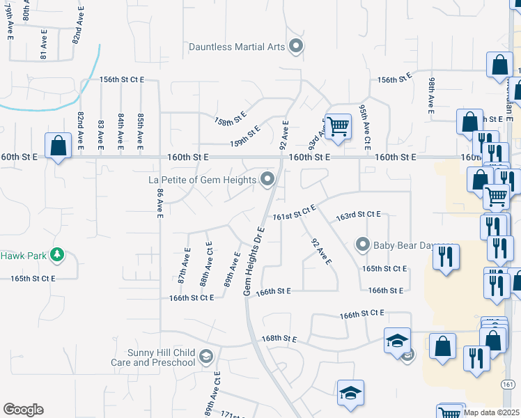 map of restaurants, bars, coffee shops, grocery stores, and more near 16205 Griffin Drive East in Puyallup