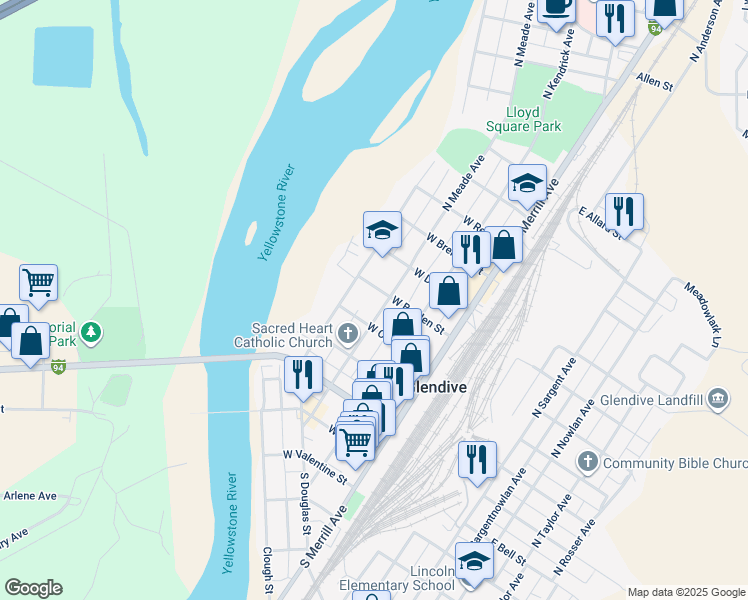 map of restaurants, bars, coffee shops, grocery stores, and more near 419 North Meade Avenue in Glendive