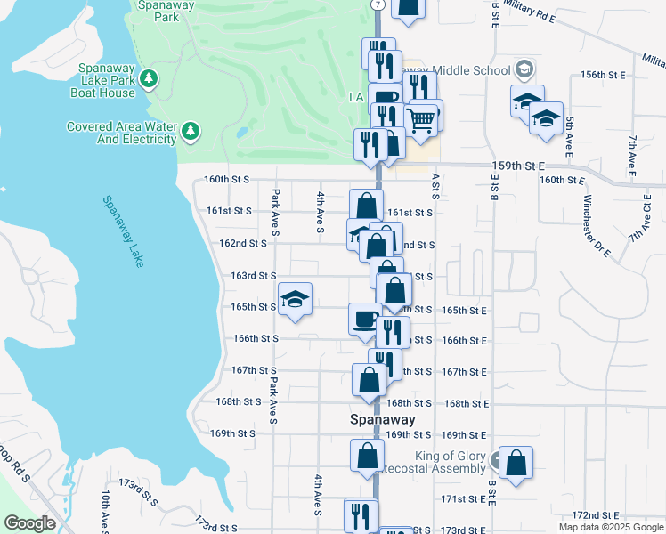 map of restaurants, bars, coffee shops, grocery stores, and more near 245 163rd Street East in Spanaway