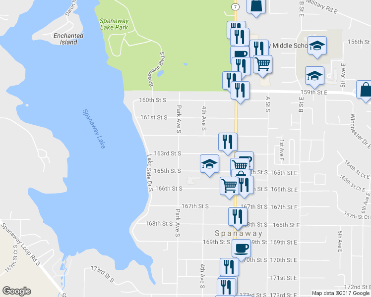 map of restaurants, bars, coffee shops, grocery stores, and more near 419 163rd Street South in Spanaway