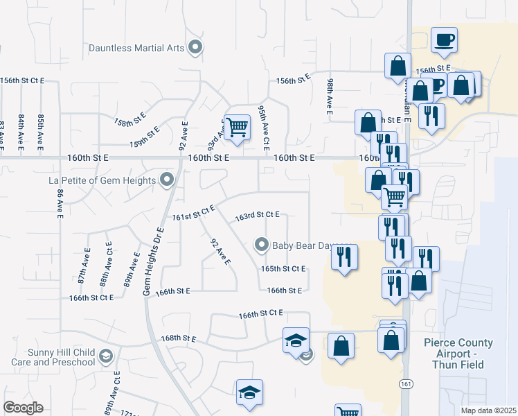 map of restaurants, bars, coffee shops, grocery stores, and more near 9505 163rd Street Court East in Puyallup