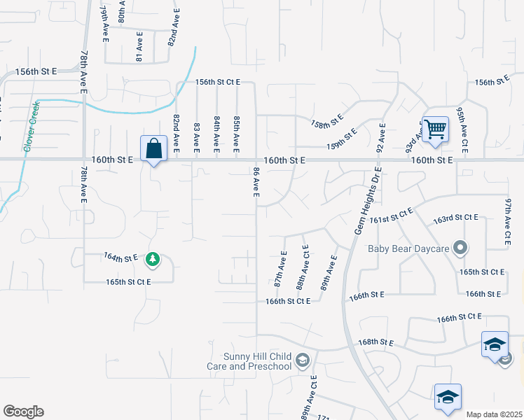 map of restaurants, bars, coffee shops, grocery stores, and more near 16204 86th Avenue Court East in Puyallup