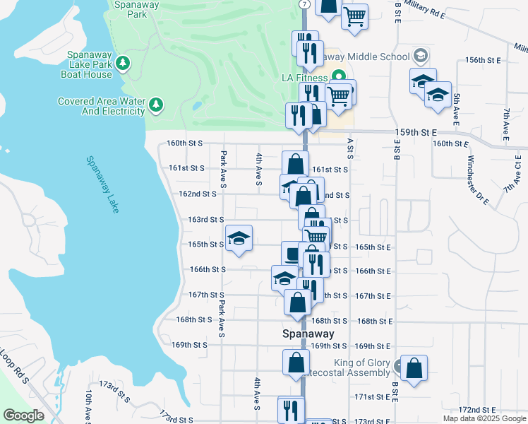 map of restaurants, bars, coffee shops, grocery stores, and more near 245 163rd Street East in Spanaway