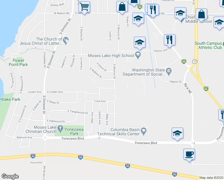 map of restaurants, bars, coffee shops, grocery stores, and more near 1840 South Monroe Street in Moses Lake