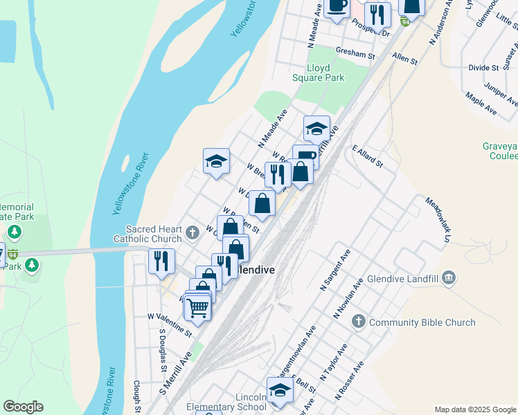 map of restaurants, bars, coffee shops, grocery stores, and more near 520 North Kendrick Avenue in Glendive