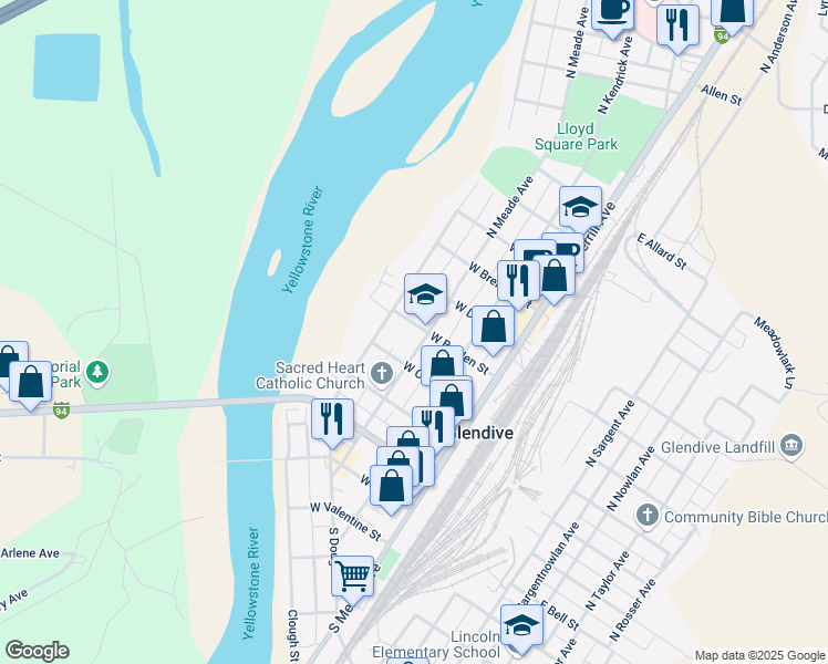 map of restaurants, bars, coffee shops, grocery stores, and more near 419 N Meade Ave in Glendive