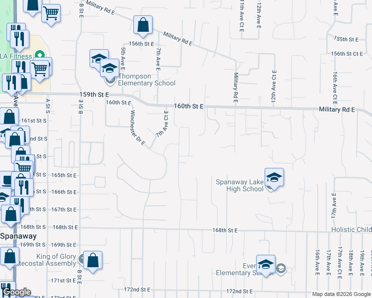 map of restaurants, bars, coffee shops, grocery stores, and more near 924 160th Street East in Tacoma