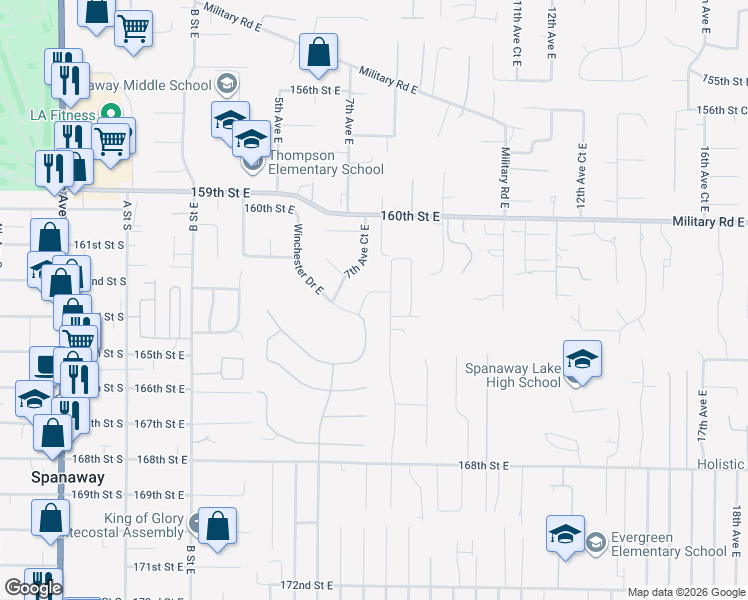 map of restaurants, bars, coffee shops, grocery stores, and more near 722 162nd Street Court East in Tacoma
