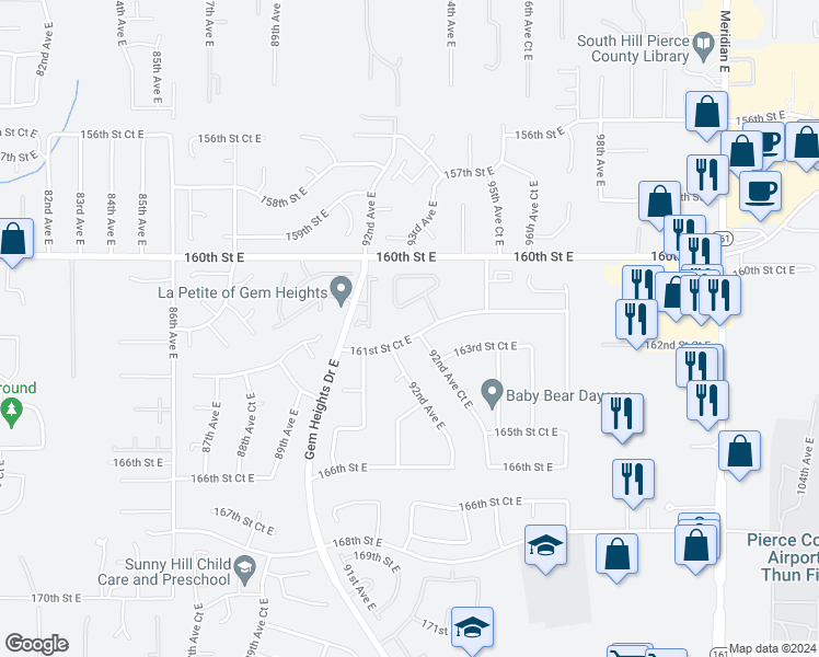 map of restaurants, bars, coffee shops, grocery stores, and more near 9215 161st Street Court East in Puyallup
