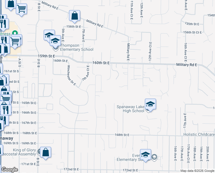 map of restaurants, bars, coffee shops, grocery stores, and more near 924 160th Street East in Tacoma