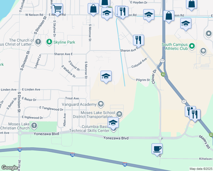 map of restaurants, bars, coffee shops, grocery stores, and more near 803 Sharon Avenue East in Moses Lake