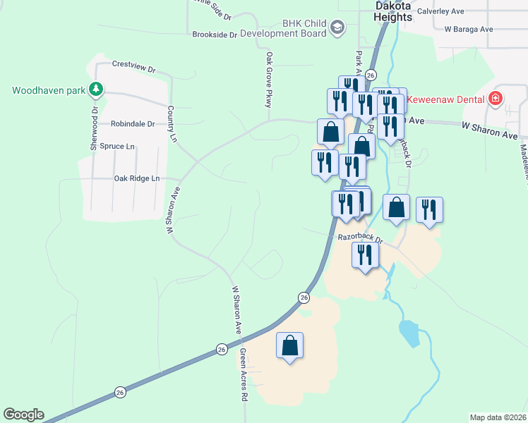 map of restaurants, bars, coffee shops, grocery stores, and more near Bluff View Drive in Houghton