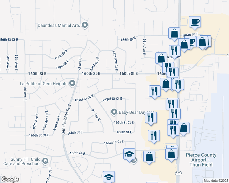 map of restaurants, bars, coffee shops, grocery stores, and more near 9505 163rd Street Court East in Puyallup