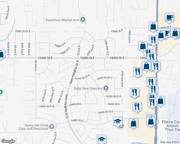 map of restaurants, bars, coffee shops, grocery stores, and more near 9215 161st Street Court East in Puyallup