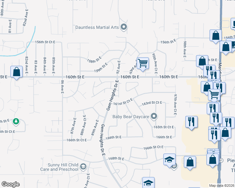 map of restaurants, bars, coffee shops, grocery stores, and more near 16106 92nd Avenue East in Puyallup
