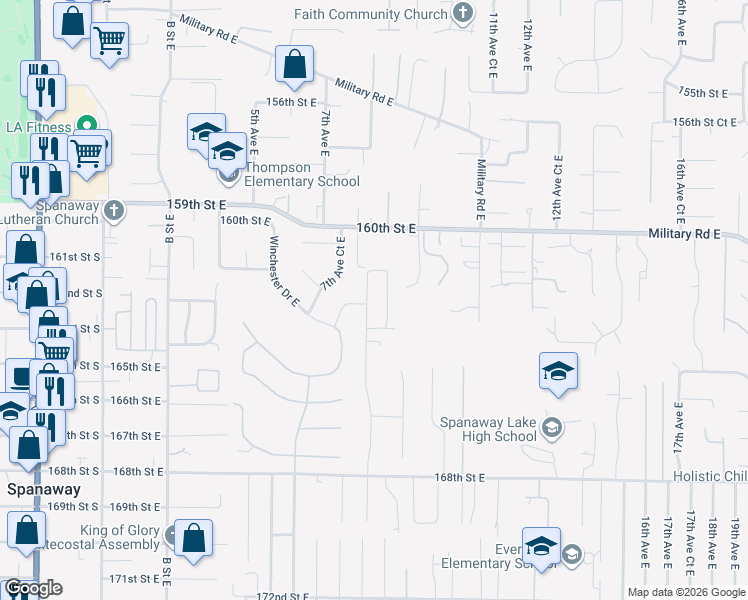 map of restaurants, bars, coffee shops, grocery stores, and more near 722 162nd Street Court East in Tacoma