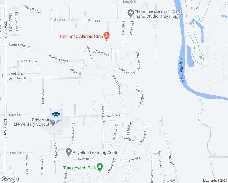 map of restaurants, bars, coffee shops, grocery stores, and more near 13311 161st Street Court East in Puyallup