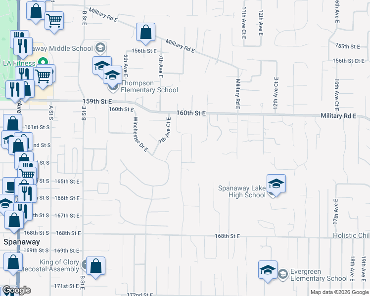 map of restaurants, bars, coffee shops, grocery stores, and more near 722 162nd Street Court East in Tacoma