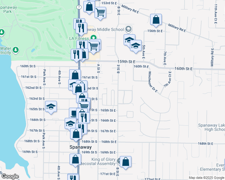 map of restaurants, bars, coffee shops, grocery stores, and more near 16101 1st Avenue Court East in Tacoma
