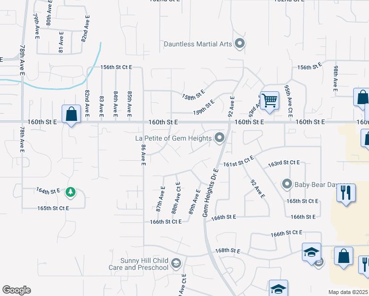 map of restaurants, bars, coffee shops, grocery stores, and more near 16321 88th Avenue East in Puyallup