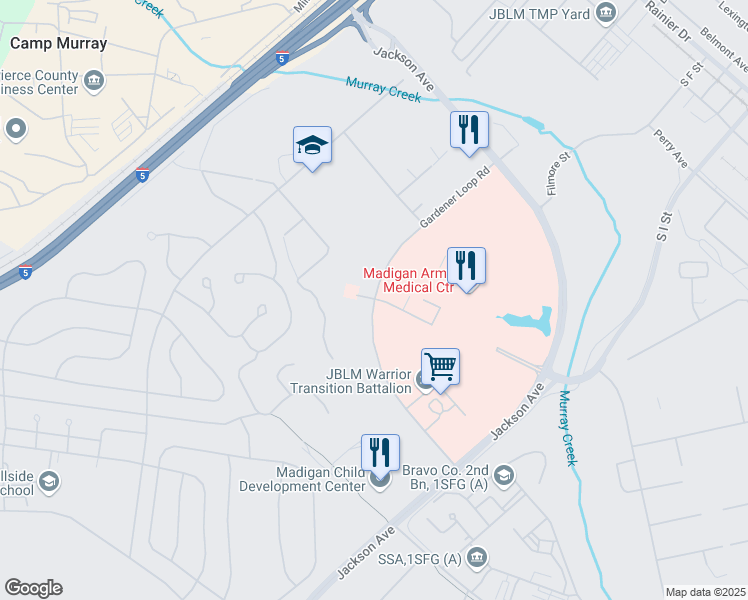map of restaurants, bars, coffee shops, grocery stores, and more near Gardener Loop Road in Joint Base Lewis-McChord