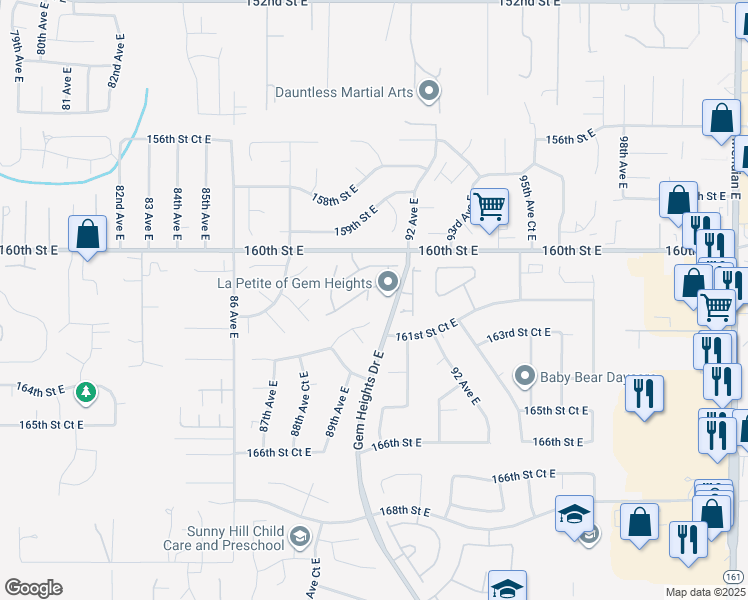 map of restaurants, bars, coffee shops, grocery stores, and more near 16205 Griffin Drive East in Puyallup