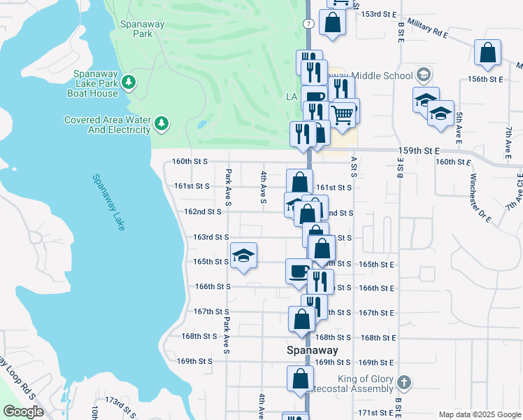 map of restaurants, bars, coffee shops, grocery stores, and more near 16114 4th Avenue South in Spanaway