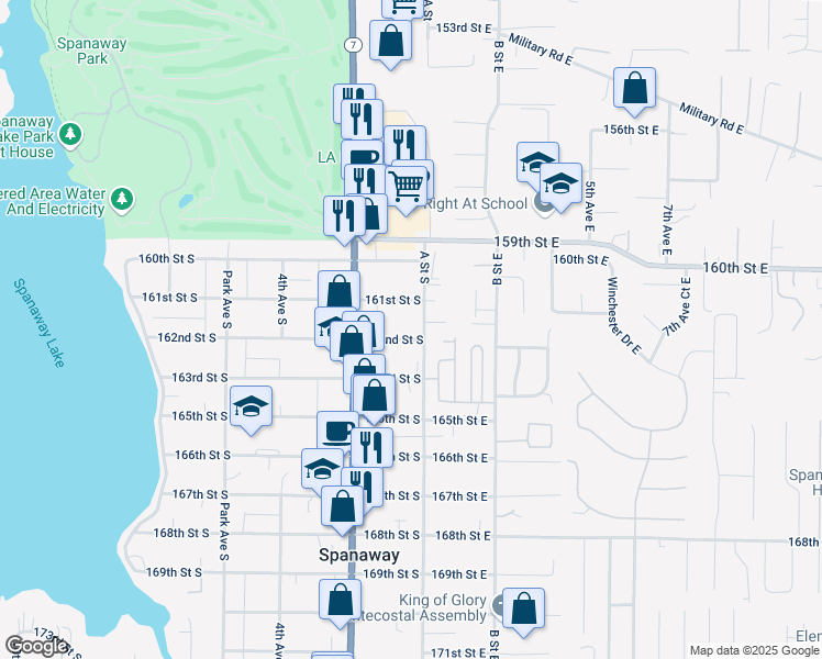 map of restaurants, bars, coffee shops, grocery stores, and more near 107 162nd Street South in Spanaway