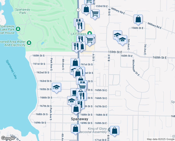 map of restaurants, bars, coffee shops, grocery stores, and more near 114 161st Street South in Spanaway