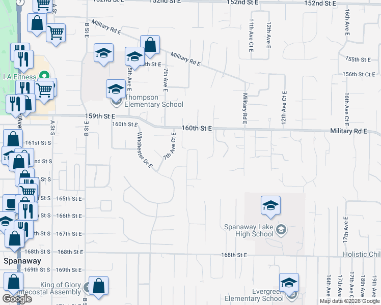 map of restaurants, bars, coffee shops, grocery stores, and more near 16107 7th Avenue Court East in Tacoma