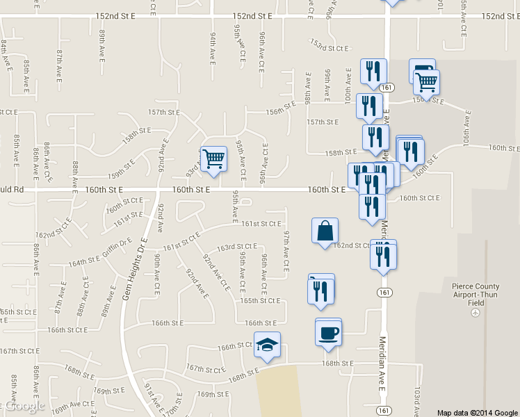 map of restaurants, bars, coffee shops, grocery stores, and more near 9611 161st Street East in Puyallup