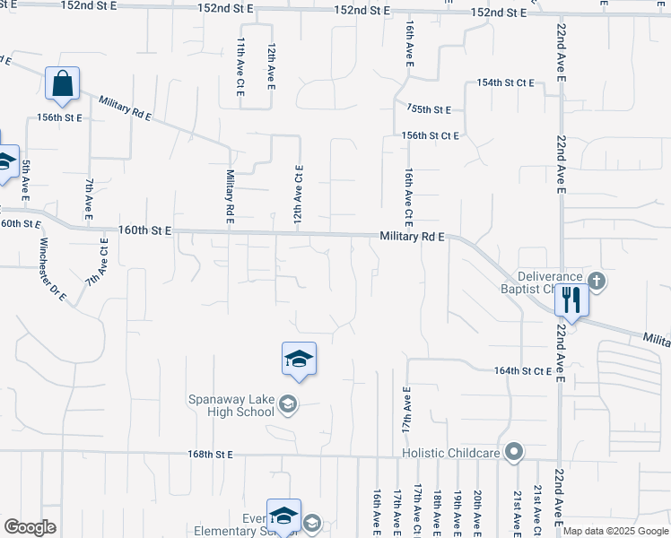 map of restaurants, bars, coffee shops, grocery stores, and more near 16119 13th Avenue Court East in Tacoma