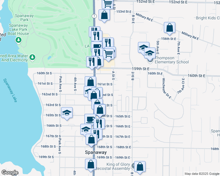 map of restaurants, bars, coffee shops, grocery stores, and more near 16110 A Street South in Spanaway