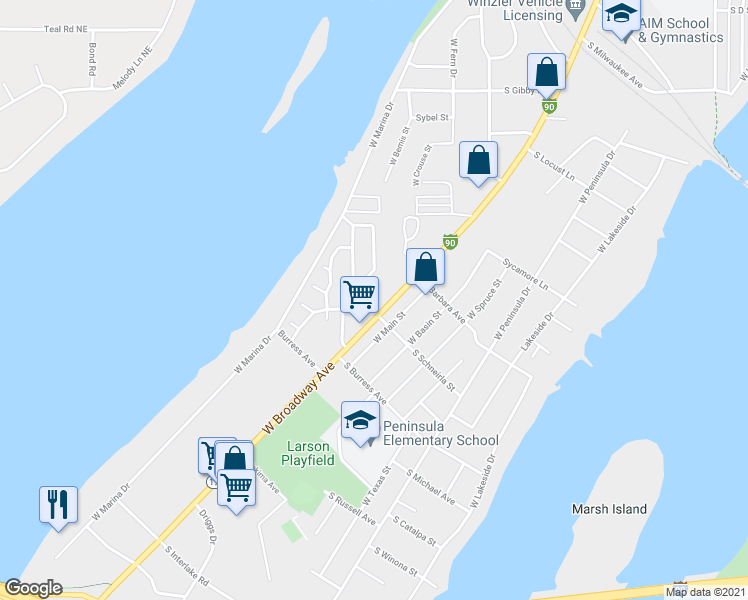 map of restaurants, bars, coffee shops, grocery stores, and more near 2140 West Broadway Avenue in Moses Lake