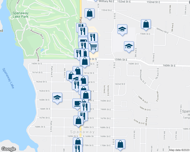 map of restaurants, bars, coffee shops, grocery stores, and more near 114 161st Street South in Spanaway