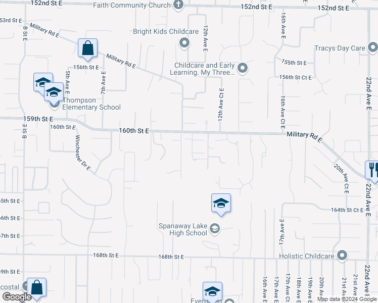 map of restaurants, bars, coffee shops, grocery stores, and more near 16102 11th Avenue Court East in Tacoma