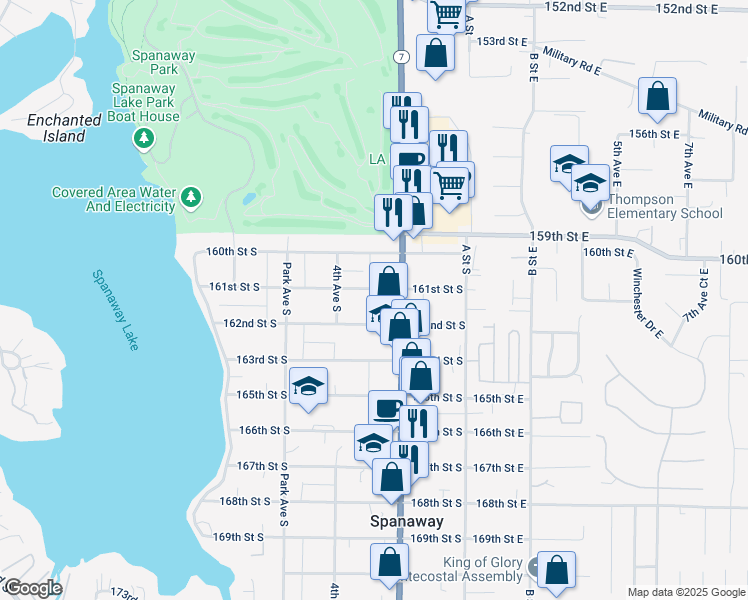map of restaurants, bars, coffee shops, grocery stores, and more near 224 161st Street South in Spanaway
