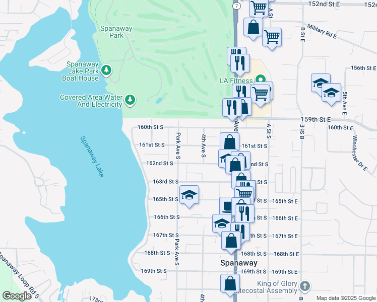 map of restaurants, bars, coffee shops, grocery stores, and more near 420 161st St S in Spanaway