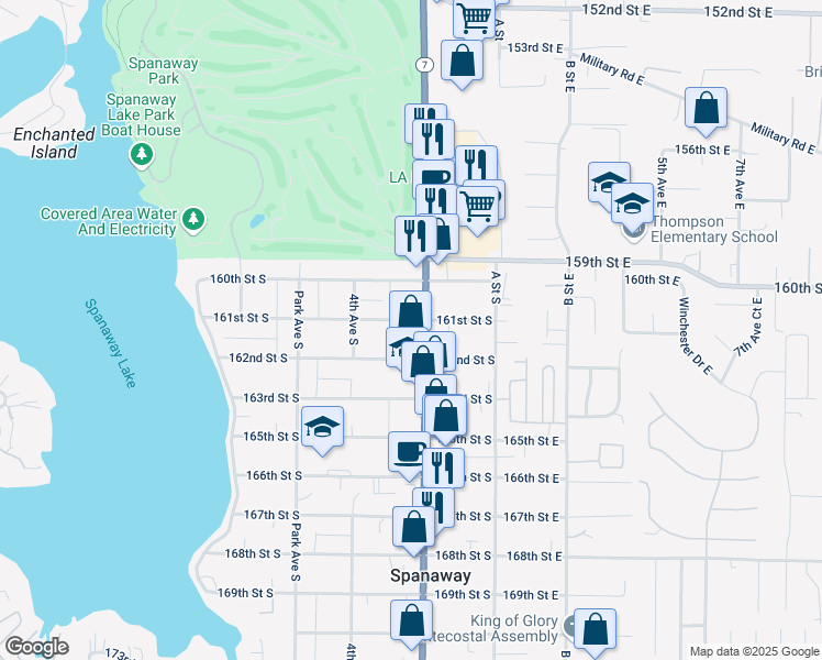 map of restaurants, bars, coffee shops, grocery stores, and more near 224 161st Street South in Spanaway